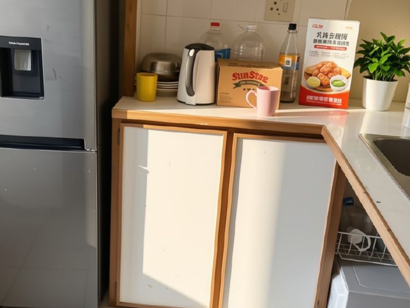 A compact kitchen featuring laminate cabinetry, tiled flooring, and a tiled backsplash, offering a functional layout with potential for cosmetic updates.