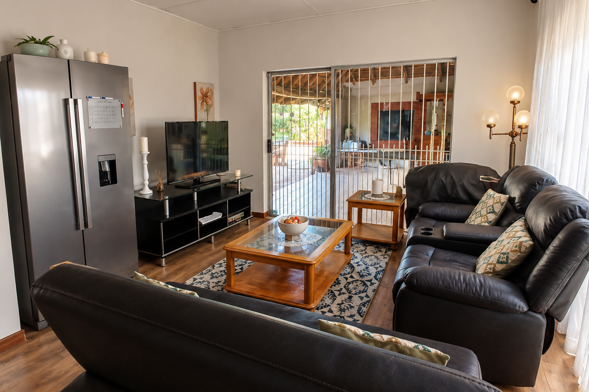 A comfortable living room featuring laminate flooring and a large sliding glass door with a security gate, providing direct access to the outdoor patio area.