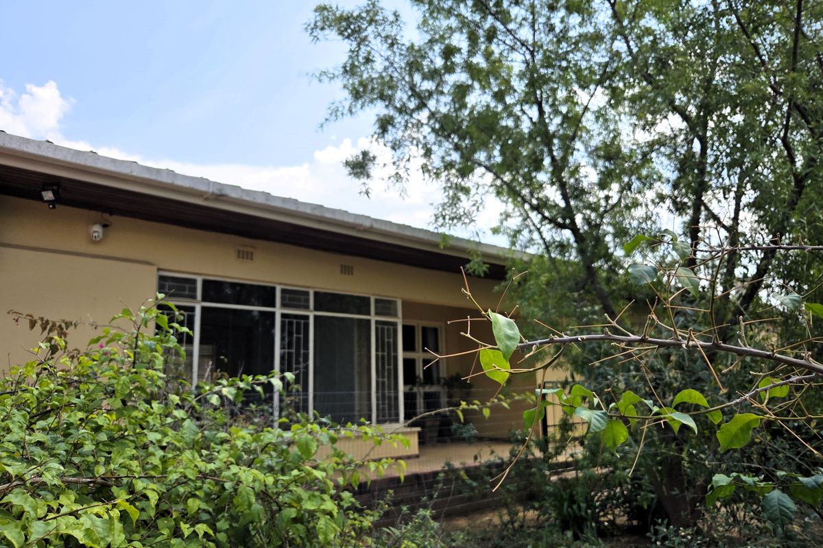 A view of the rear exterior of the house, featuring a covered patio area, large windows with security bars, and surrounding garden foliage.