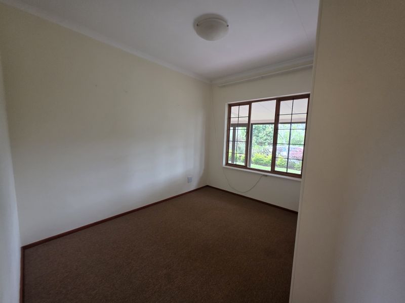 A vacant bedroom featuring neutral walls, carpeted flooring, and large timber-framed windows providing natural light and garden views.