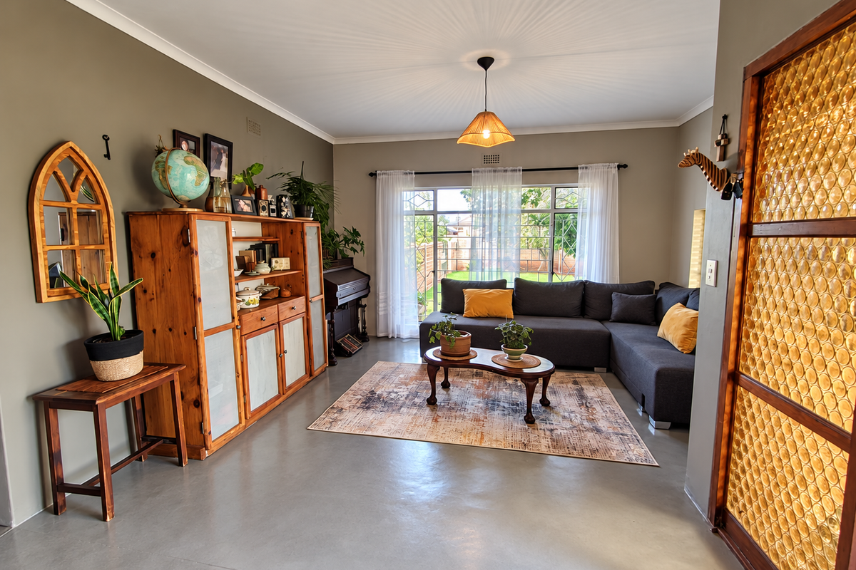 A bright and spacious living room featuring polished concrete floors, a decorative textured glass partition, and large sliding doors providing natural light and garden access.