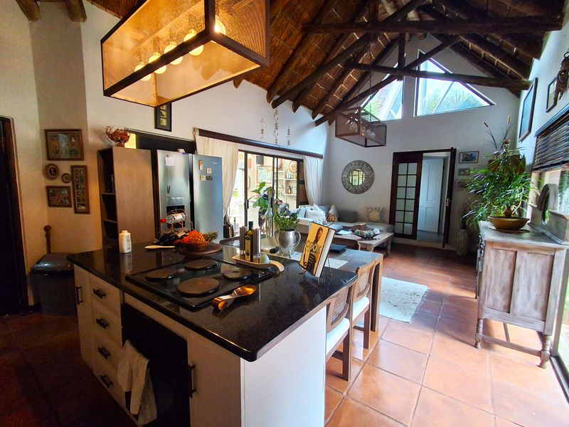 Spacious open-plan living area featuring a high thatched ceiling with exposed timber trusses, terracotta flooring, and a modern kitchen island with granite countertops.