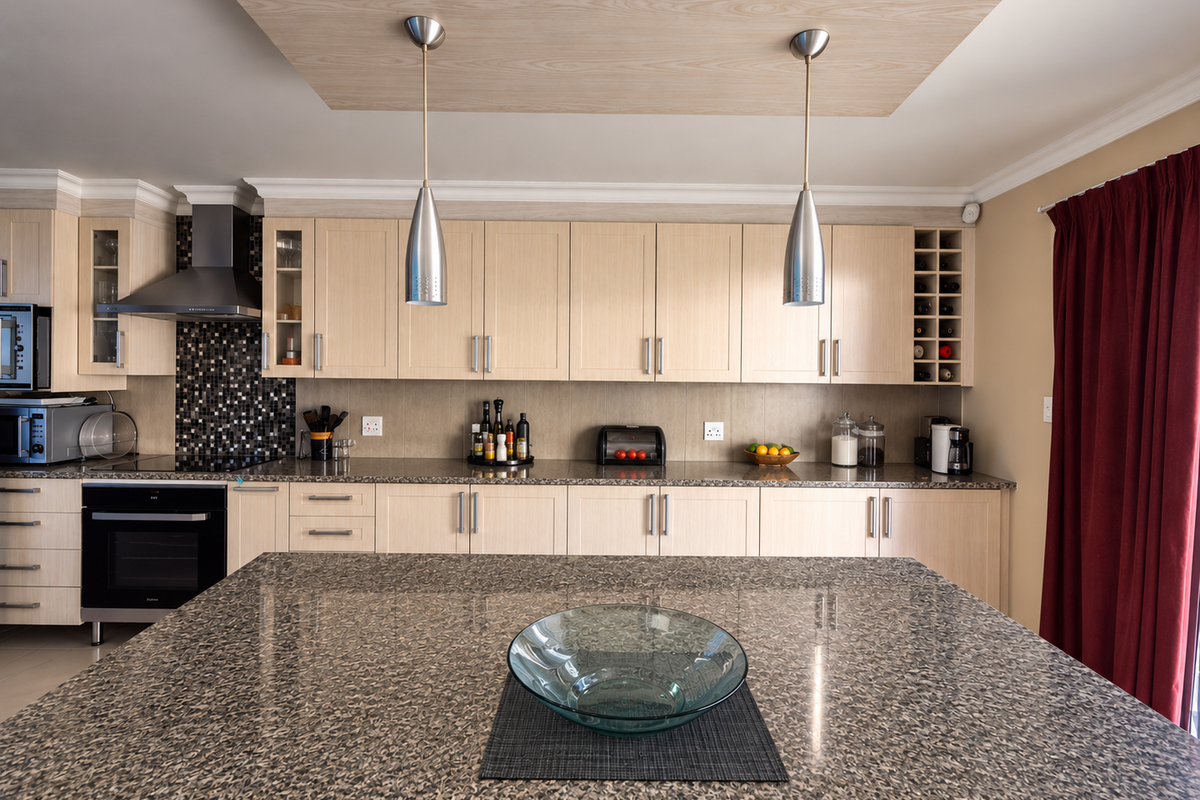 Modern kitchen featuring light wood cabinetry, granite countertops, a central island, mosaic backsplash, and integrated stainless steel appliances under a decorative drop ceiling.