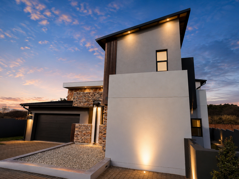 Modern architectural home exterior featuring stone cladding, a paved driveway, and integrated exterior lighting at dusk.