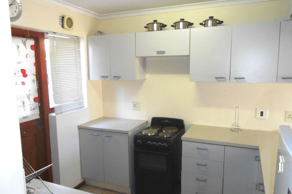 A functional kitchen featuring light grey cabinetry, laminate countertops, and a freestanding electric stove with an integrated extractor fan.