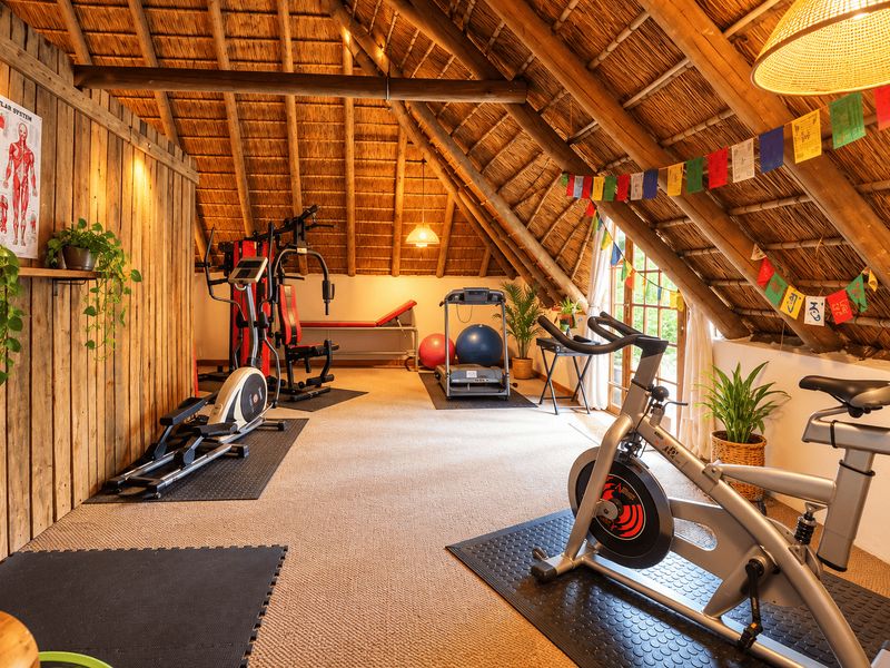 A well-maintained attic gym featuring exposed timber rafters, a traditional thatched roof, and warm timber wall paneling.