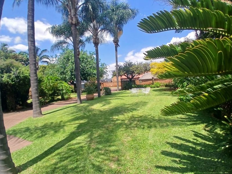 A well-maintained garden featuring a lush green lawn, mature palm trees, and a paved walkway enclosed by a brick boundary wall.