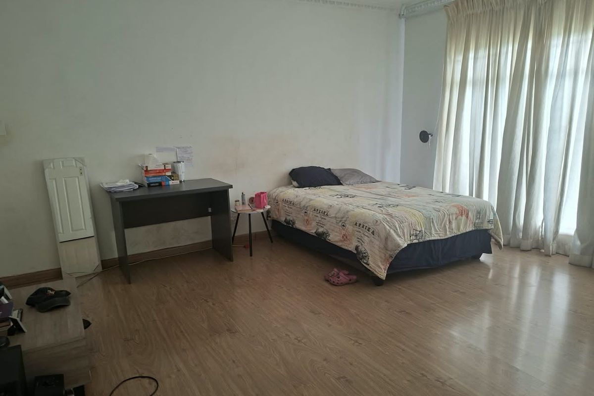 Spacious bedroom featuring laminate flooring and decorative ceiling cornicing, requiring minor cosmetic updates to the wall finishes.