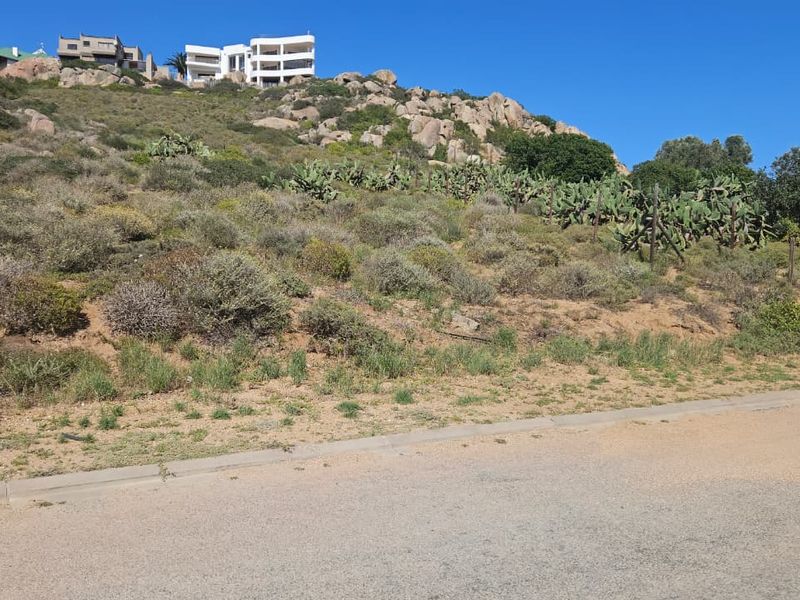 A view of a sloped, undeveloped residential plot from the adjacent paved street, featuring natural vegetation and rocky terrain.