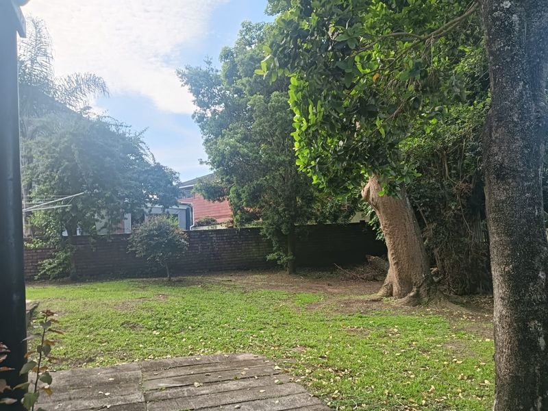 A spacious private garden featuring a lawn, mature trees, and a brick boundary wall, providing a peaceful outdoor setting.