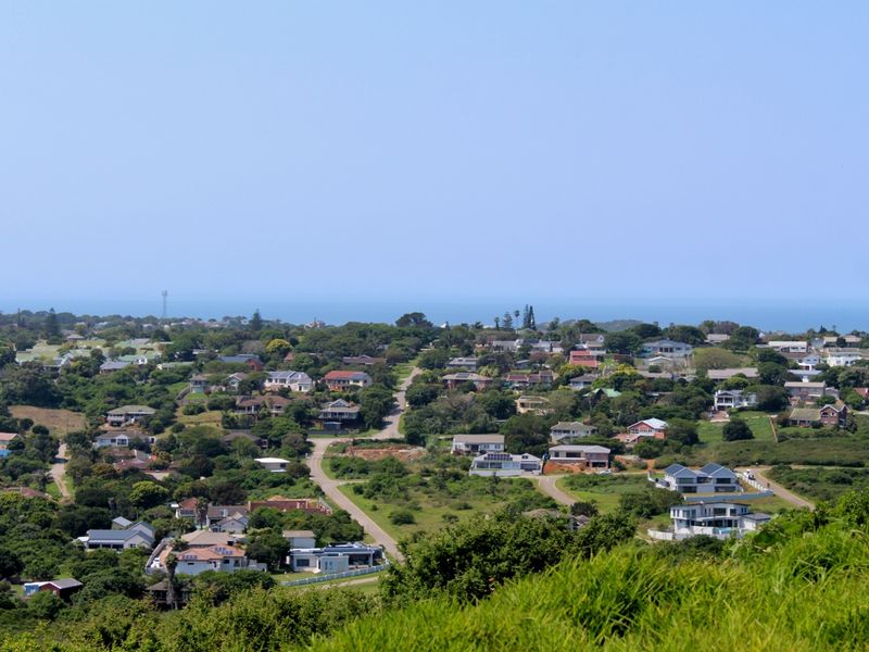 An elevated panoramic view overlooking a residential coastal neighborhood with lush greenery and distant ocean horizon.