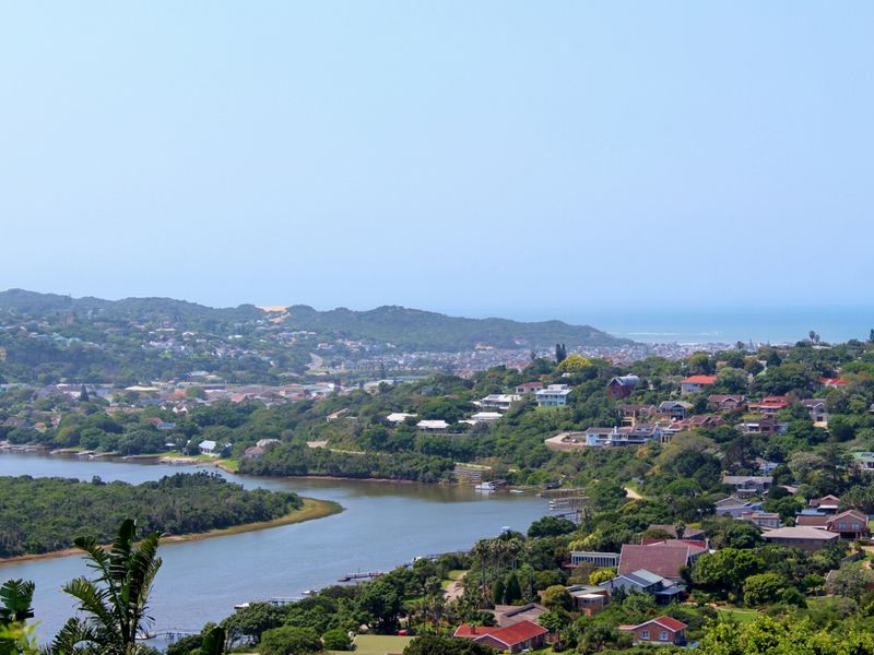 A scenic elevated view overlooking a river, lush coastal vegetation, and a residential neighborhood extending toward the distant ocean horizon.