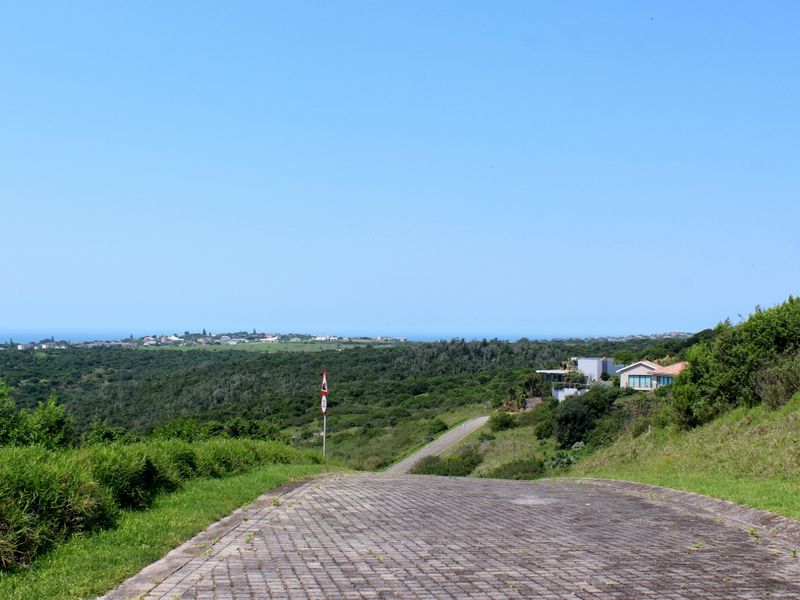 A view looking down a paved residential street towards a coastal landscape with surrounding greenery and distant houses.