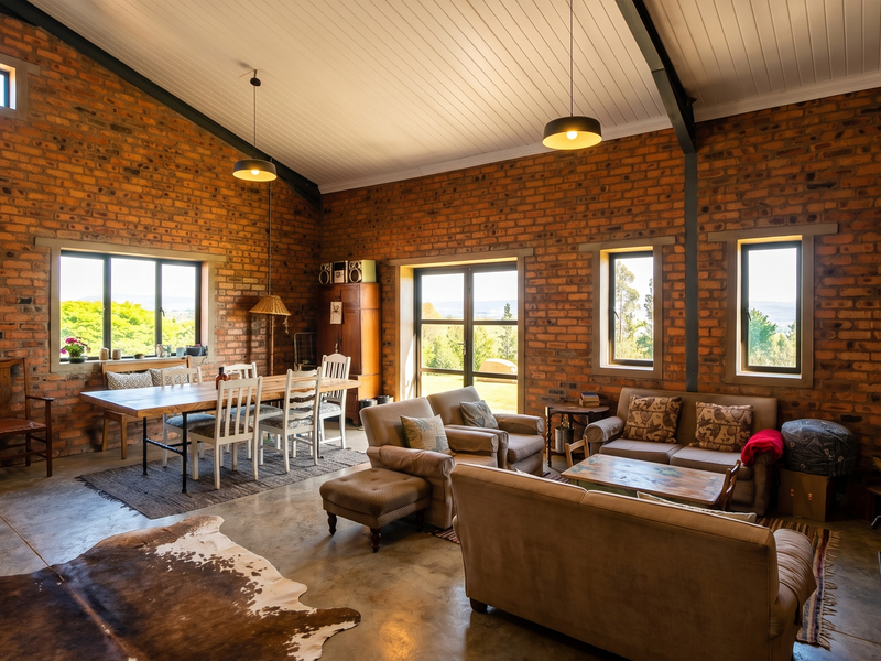 Spacious open-plan living and dining area featuring exposed brick walls, vaulted ceilings, concrete floors, and a cozy wood-burning stove with scenic garden views.