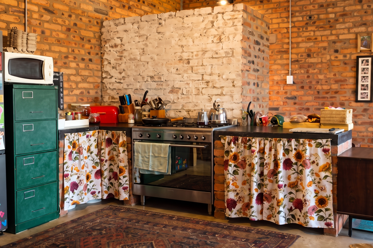 Rustic kitchen featuring exposed brick walls, a built-in brick stove surround, gas hob, oven, and concrete countertops with fabric-covered storage.
