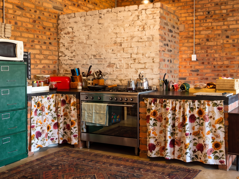 Rustic kitchen featuring exposed brick walls, a built-in brick stove surround, gas hob, oven, and concrete countertops with fabric-covered storage.