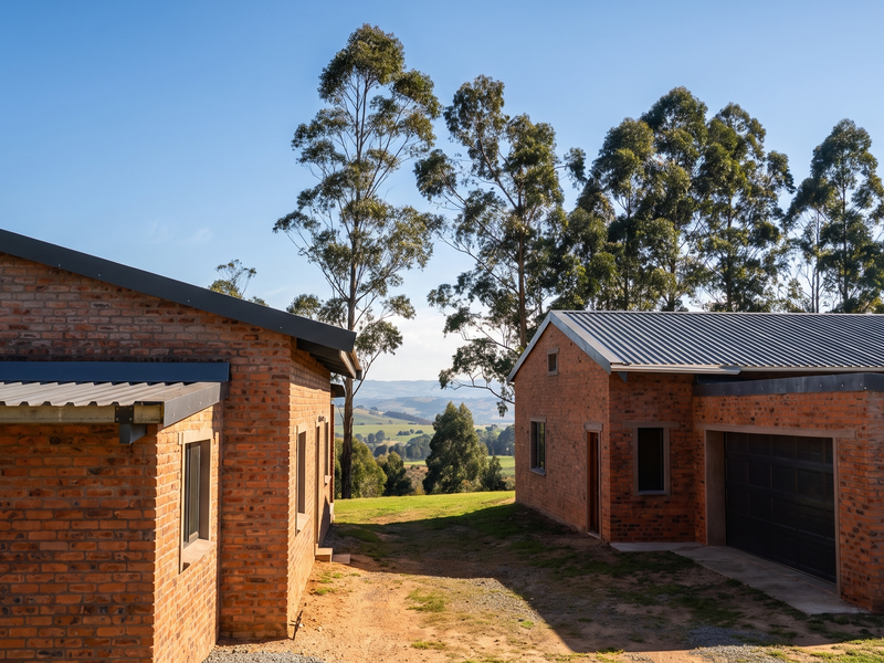 Rear view of two modern exposed brick buildings with corrugated metal roofing, featuring a garage and scenic rural landscape views.