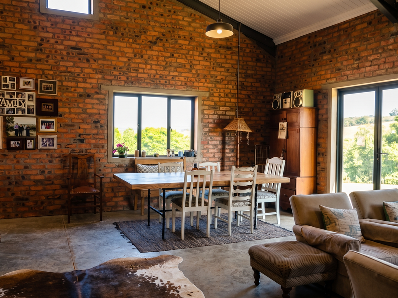 Spacious open-plan living and dining area featuring rustic exposed brick walls, high vaulted ceilings, polished concrete floors, and large windows with natural light.