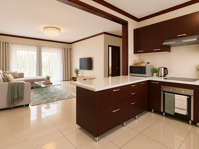 Modern open-plan living area featuring a sleek kitchen with dark wood cabinetry, stone countertops, and integrated appliances, flowing into a bright, comfortable living space.
