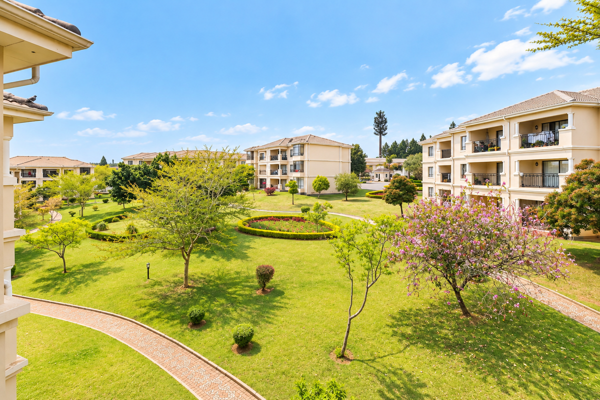 A view of the well-maintained communal gardens and landscaped grounds between the apartment buildings, featuring paved walkways and mature trees.