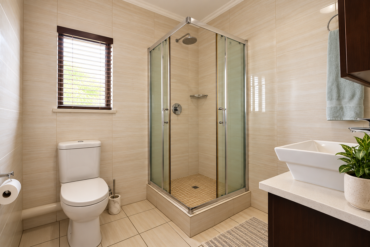 Modern bathroom featuring a corner shower enclosure, tiled walls and flooring, a vanity cabinet with a countertop basin, and a window with blinds.