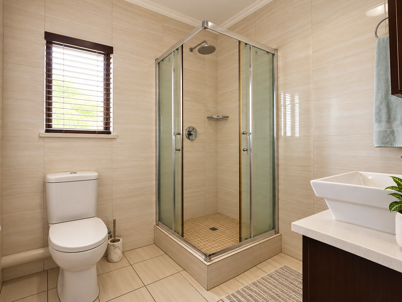 Modern bathroom featuring a corner shower enclosure, tiled walls and flooring, a vanity cabinet with a countertop basin, and a window with blinds.