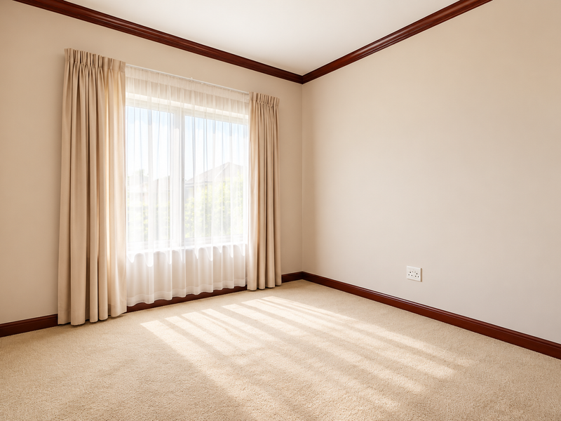 A bright, empty bedroom featuring neutral carpeting, timber crown molding, and skirting boards, with natural light streaming through a window.