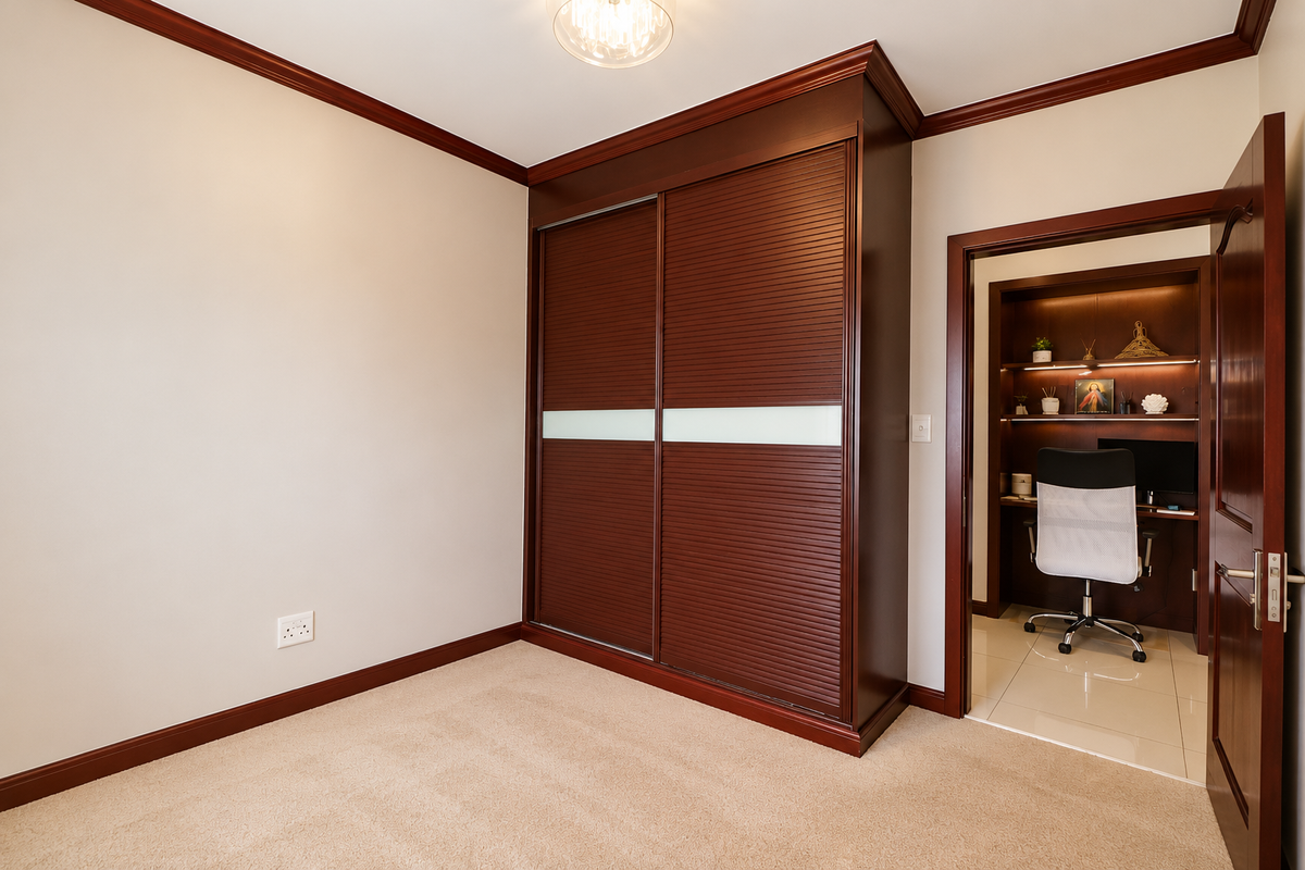 A clean, well-maintained bedroom featuring a large built-in wardrobe with dark wood finish, crown molding, and neutral carpeting, with an adjacent study nook.
