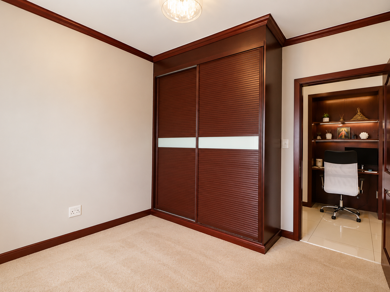 A clean, well-maintained bedroom featuring a large built-in wardrobe with dark wood finish, crown molding, and neutral carpeting, with an adjacent study nook.