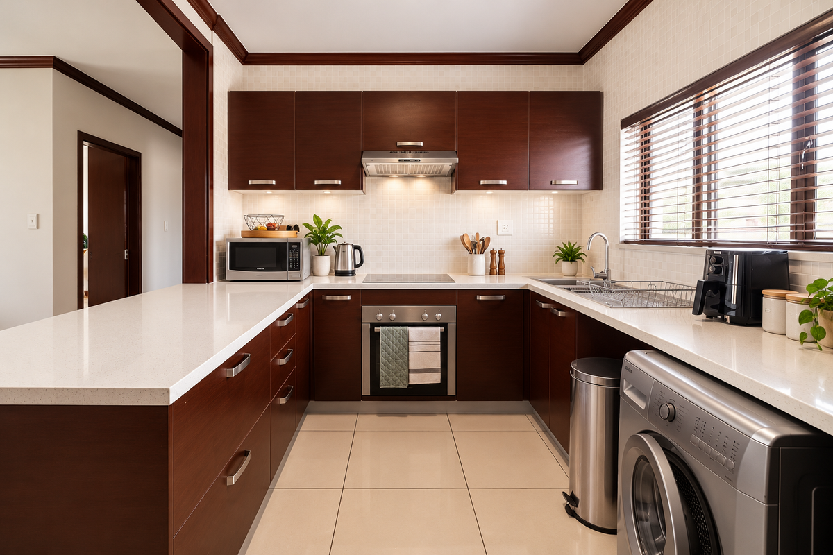 A well-maintained kitchen featuring dark wood cabinetry, quartz countertops, integrated appliances, and a tiled backsplash, offering a clean and functional workspace.