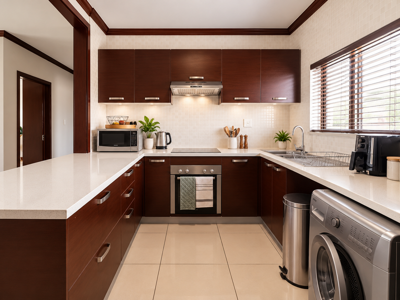 A well-maintained kitchen featuring dark wood cabinetry, quartz countertops, integrated appliances, and a tiled backsplash, offering a clean and functional workspace.