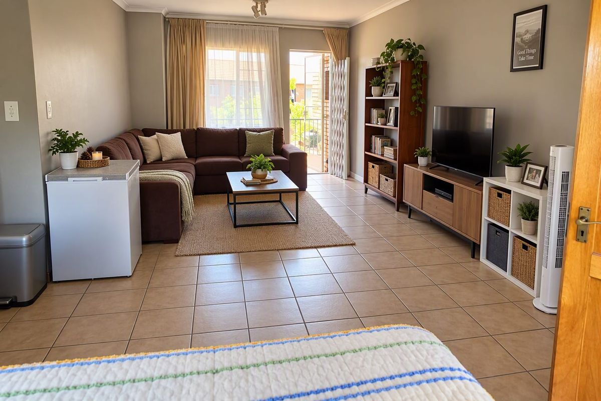 A well-maintained living room featuring neutral wall tones, tiled flooring, and direct access to a balcony through a sliding glass door.