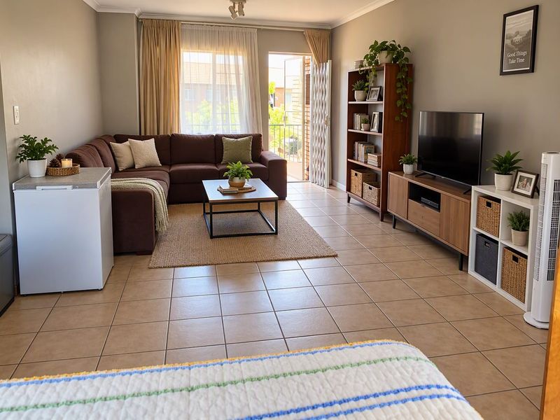 A well-maintained living room featuring neutral wall tones, tiled flooring, and direct access to a balcony through a sliding glass door.