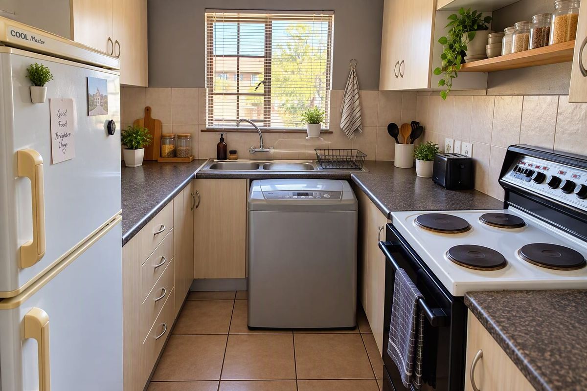 A functional kitchen featuring light wood-finish cabinetry, dark laminate countertops, a double basin sink, and a built-in electric stove with tiled backsplash.