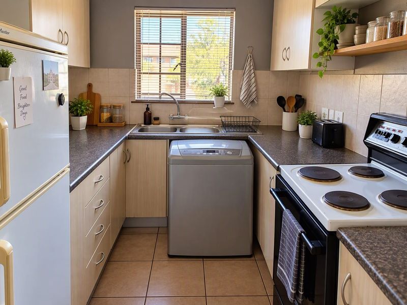 A functional kitchen featuring light wood-finish cabinetry, dark laminate countertops, a double basin sink, and a built-in electric stove with tiled backsplash.