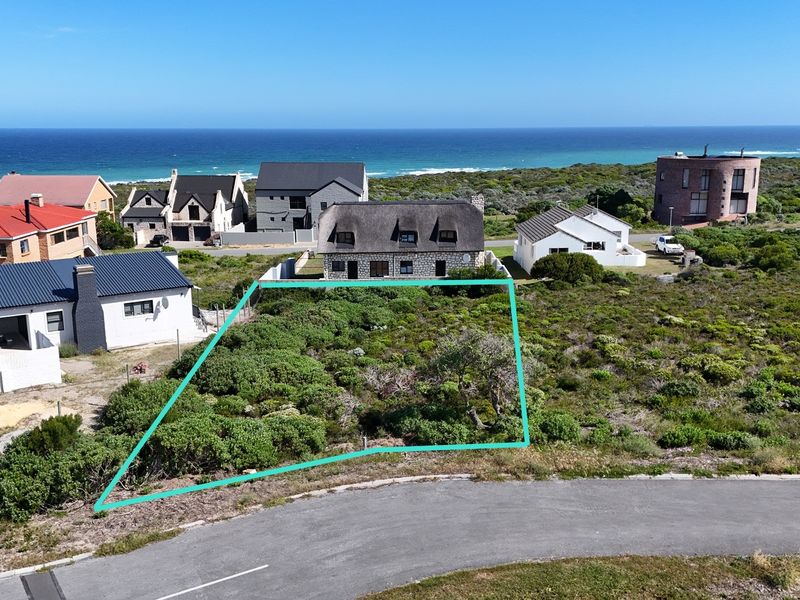 An aerial view of a vacant residential plot situated in a coastal neighborhood, featuring native vegetation and proximity to the ocean.