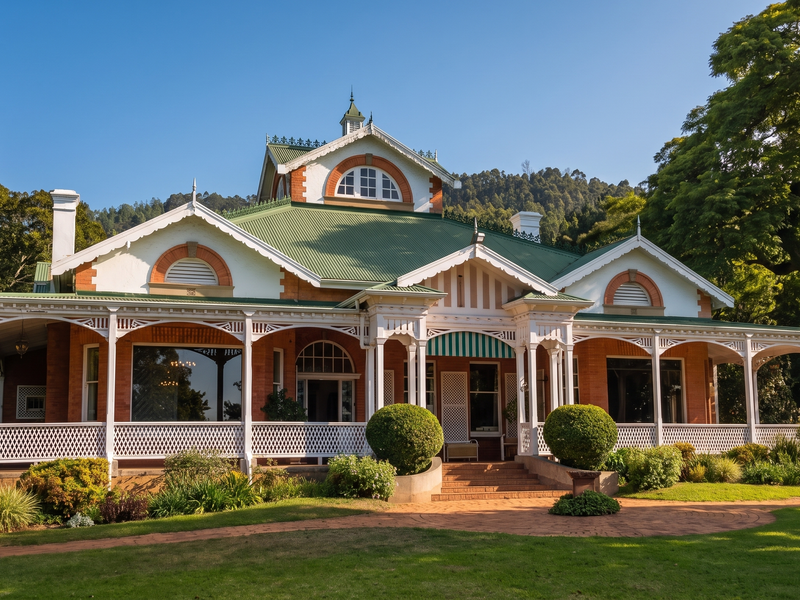 A beautifully maintained heritage-style home featuring a wrap-around veranda, intricate timber detailing, and a lush, landscaped garden setting.