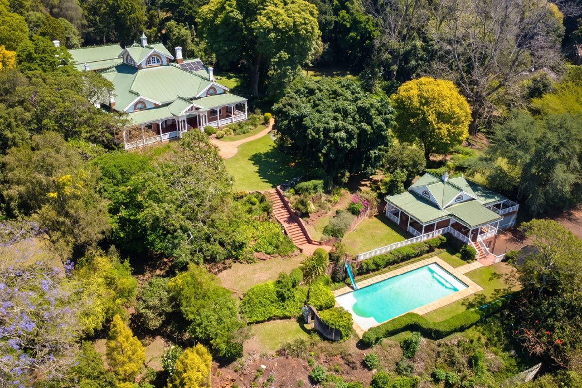 Aerial view of a large estate featuring a main residence, secondary dwelling, swimming pool, tennis court, and extensive landscaped gardens.