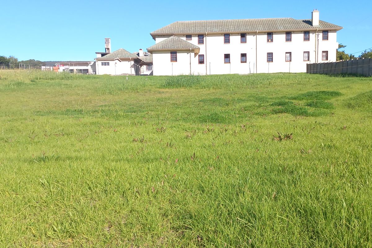 A view of a vacant residential plot featuring a grass lawn with a neighboring building visible in the background.