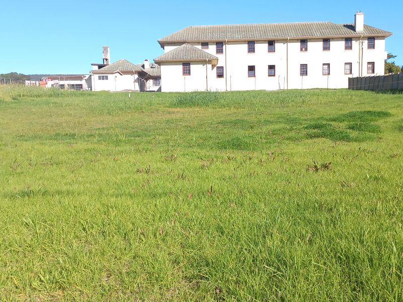 A view of a vacant residential plot featuring a grass lawn with a neighboring building visible in the background.