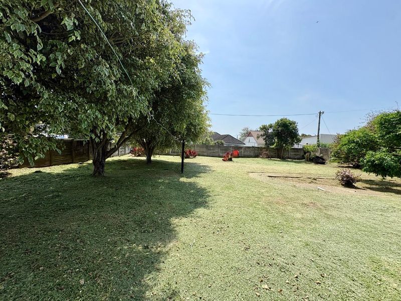 A spacious, level backyard garden featuring mature trees and enclosed by a precast concrete boundary wall.
