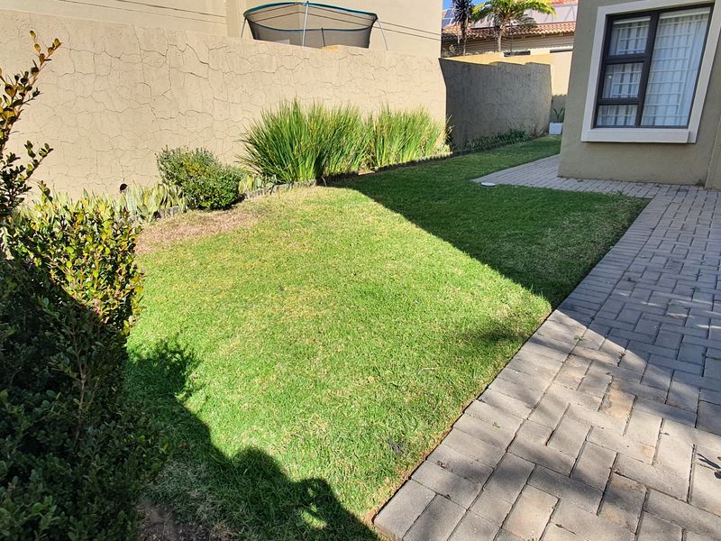 A private rear garden area featuring a paved walkway, well-maintained lawn, and a boundary wall with visible plaster cracking.