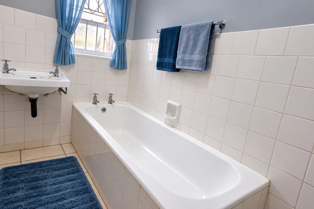 A functional bathroom featuring a built-in bathtub, wall-mounted basin, and neutral ceramic tiling throughout, offering a clean and practical space.