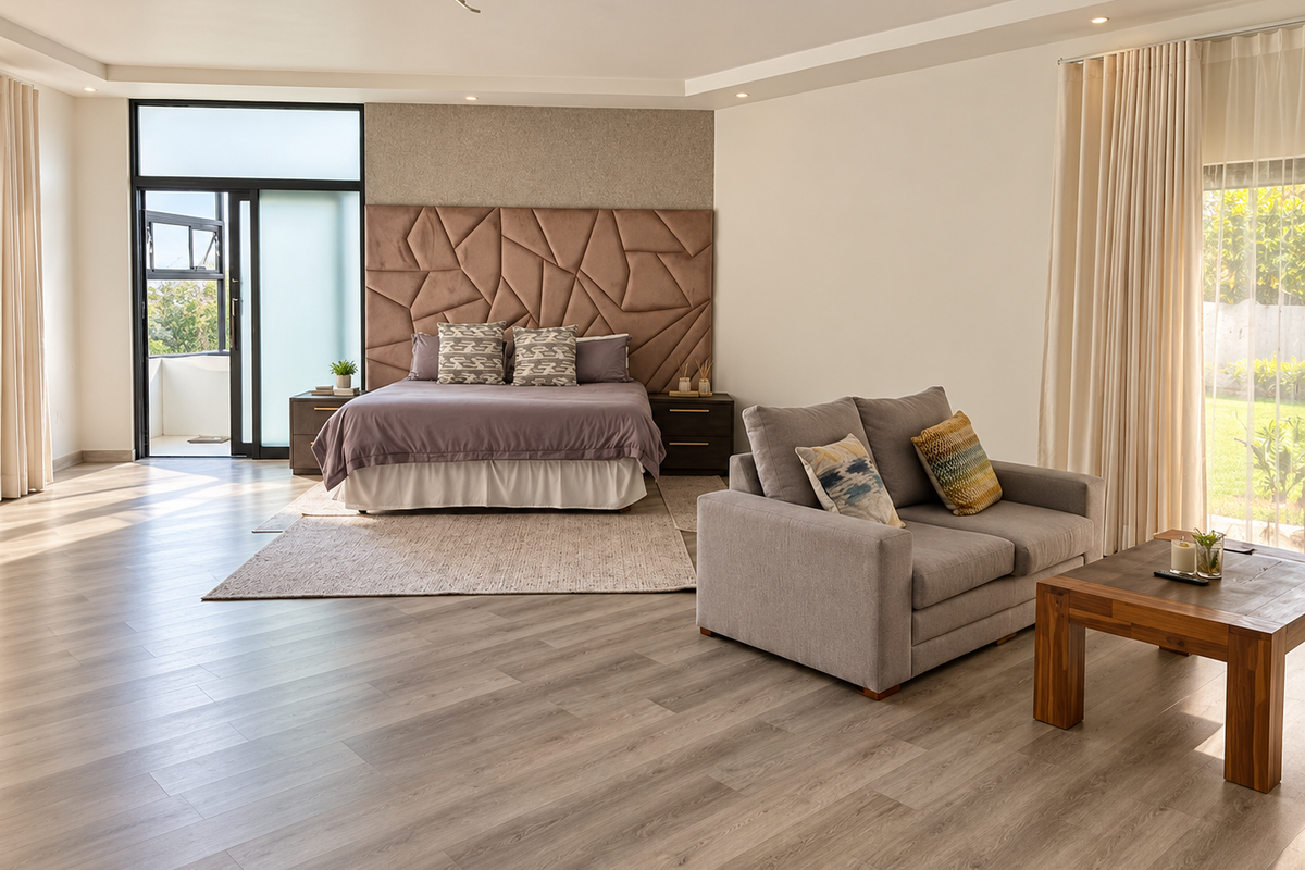 Spacious bedroom featuring modern laminate flooring, a large upholstered headboard, and direct access to an outdoor area through sliding glass doors.
