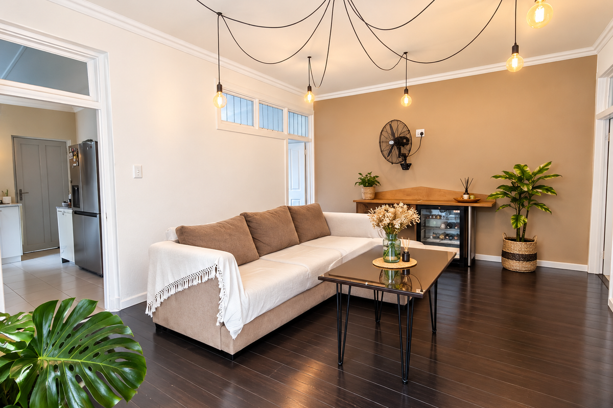 A well-maintained living room featuring dark timber flooring, decorative coving, and stylish pendant lighting, with an adjacent view into the kitchen area.