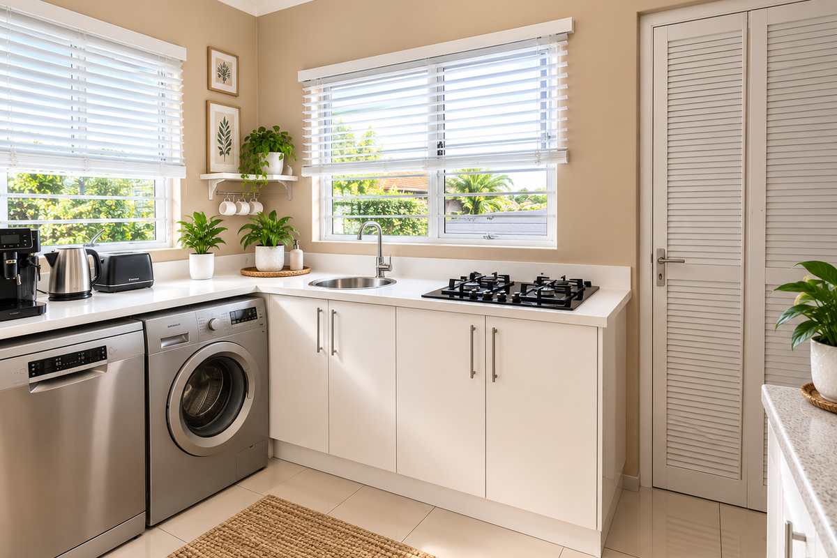 A modern, well-lit kitchen featuring white cabinetry, a gas cooktop, integrated appliances, and a stainless steel sink with views of the garden.