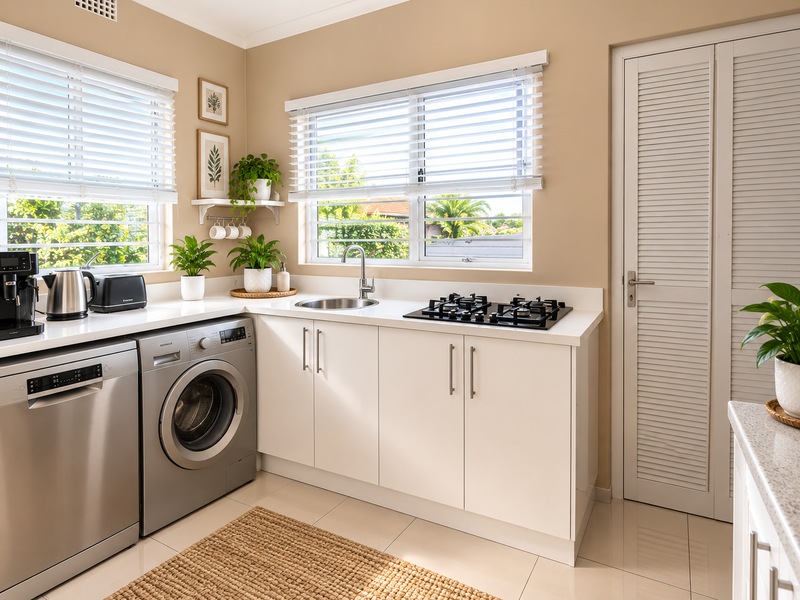 A modern, well-lit kitchen featuring white cabinetry, a gas cooktop, integrated appliances, and a stainless steel sink with views of the garden.