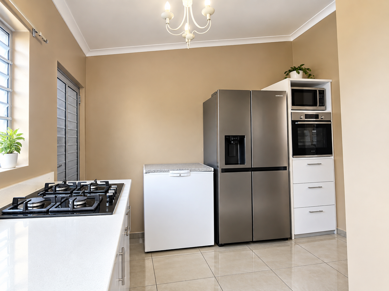 A clean, functional kitchen featuring a gas hob, built-in oven, microwave, and modern quartz countertops with neutral wall finishes and tiled flooring.