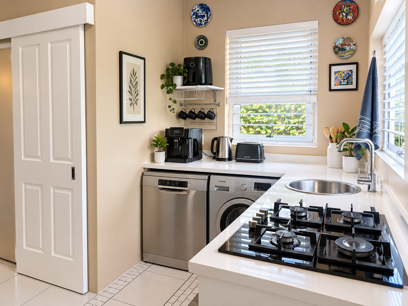 A compact and functional scullery featuring a built-in gas hob, stainless steel sink, and integrated appliance space with clean finishes and natural light.