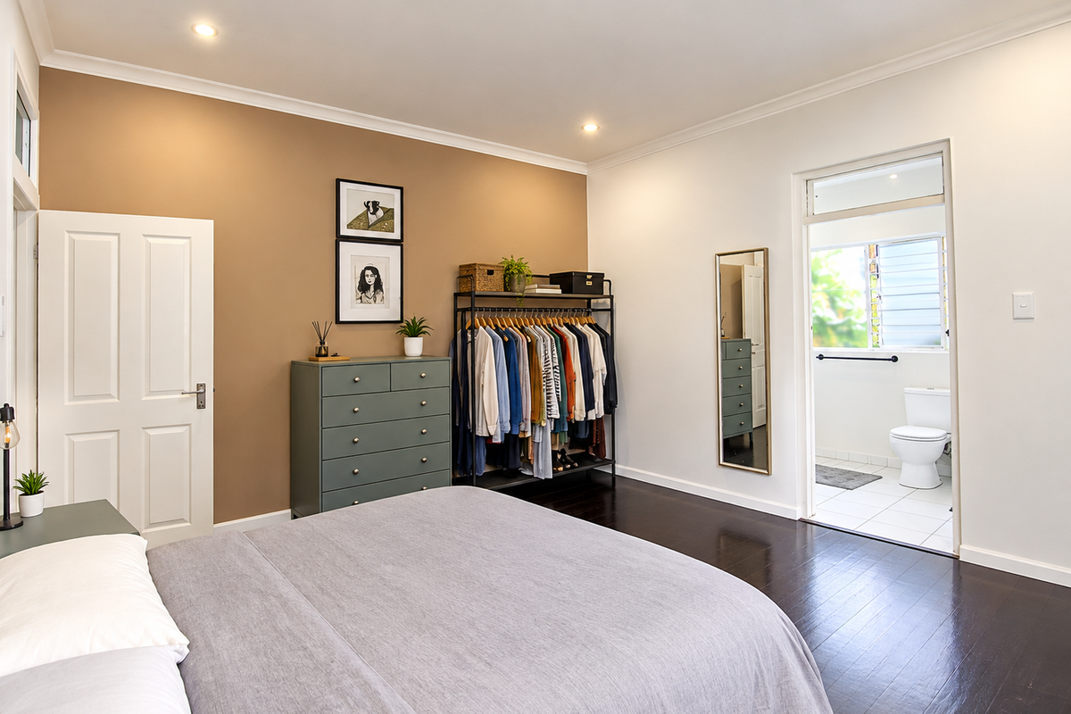 Spacious bedroom featuring dark timber flooring, recessed downlighting, and an adjoining en-suite bathroom with louver windows.